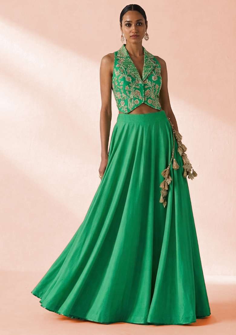 Tropical Green Crepe Embroidered Handwork Lehenga Set - Indya