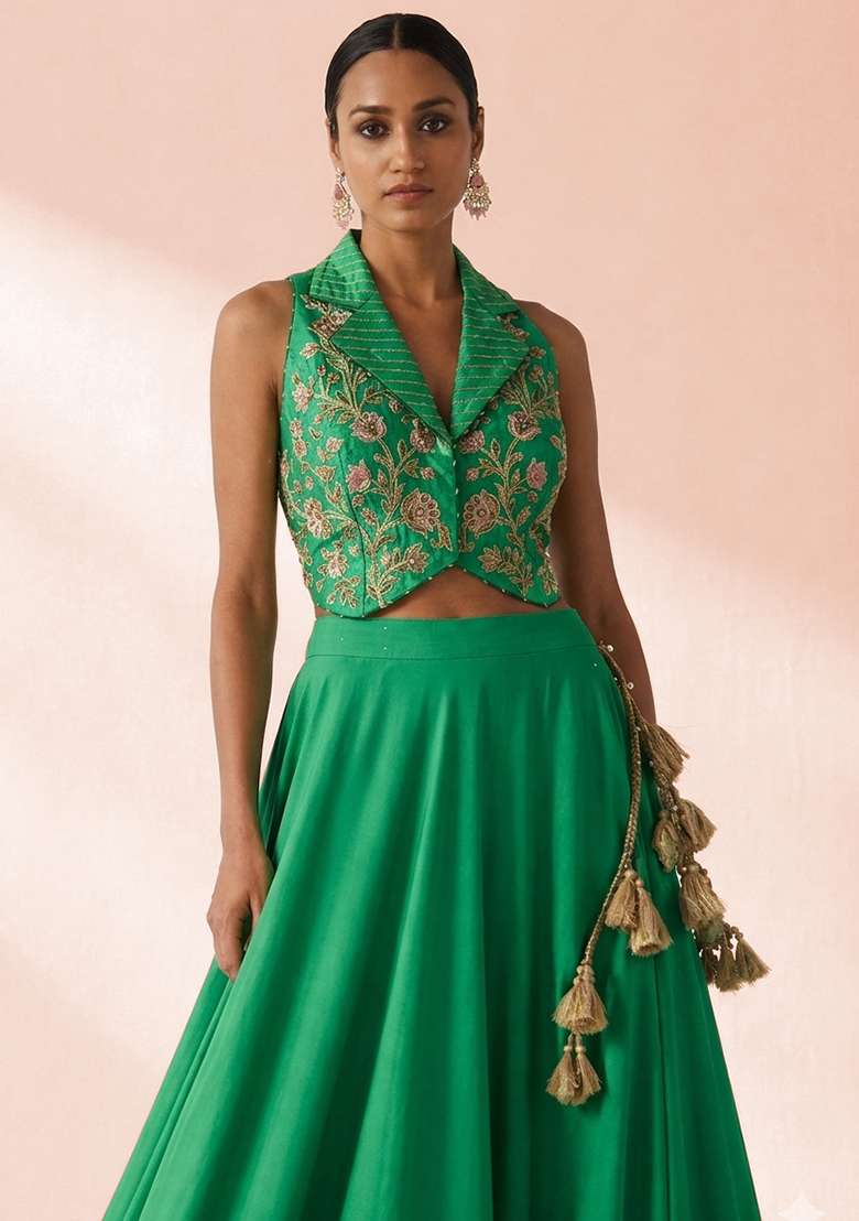 Tropical Green Crepe Embroidered Handwork Lehenga Set - Indya