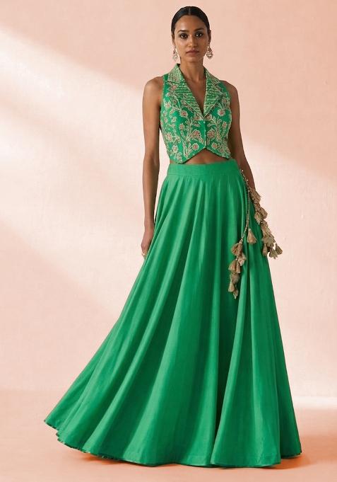 Tropical Green Crepe Embroidered Handwork Lehenga Set