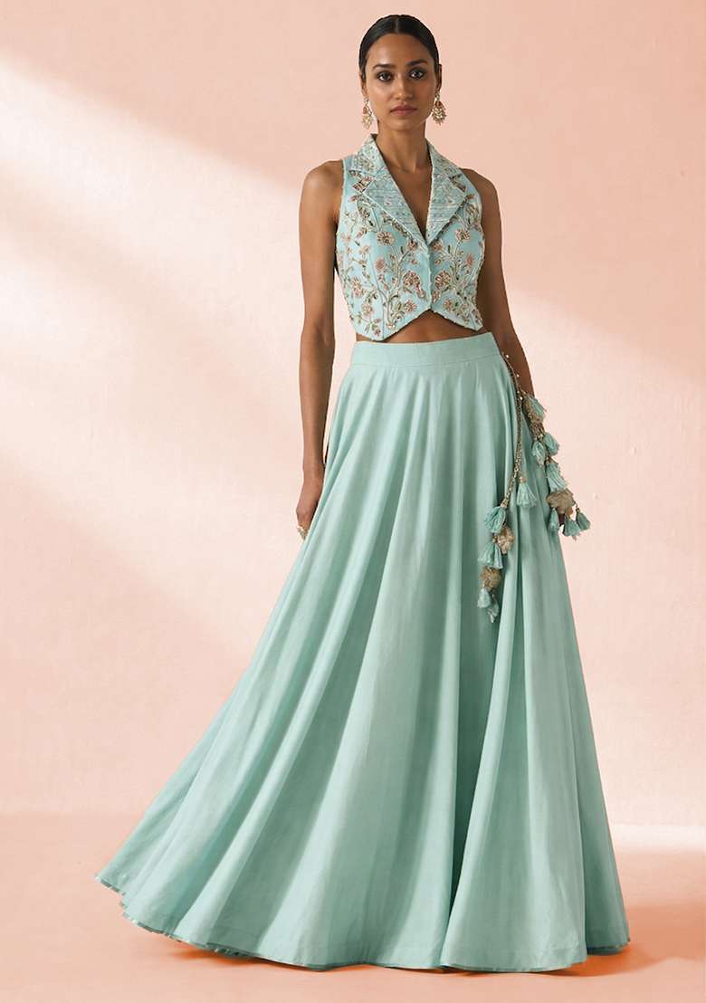 Mint Green Crepe Embroidered Handwork Lehenga Set - Indya