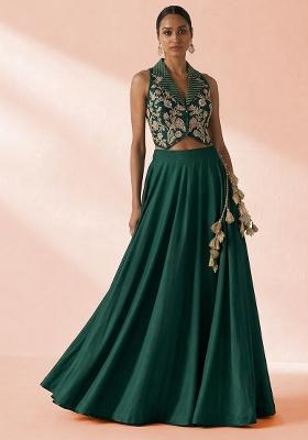 Dark Green Crepe Embroidered Handwork Lehenga Set