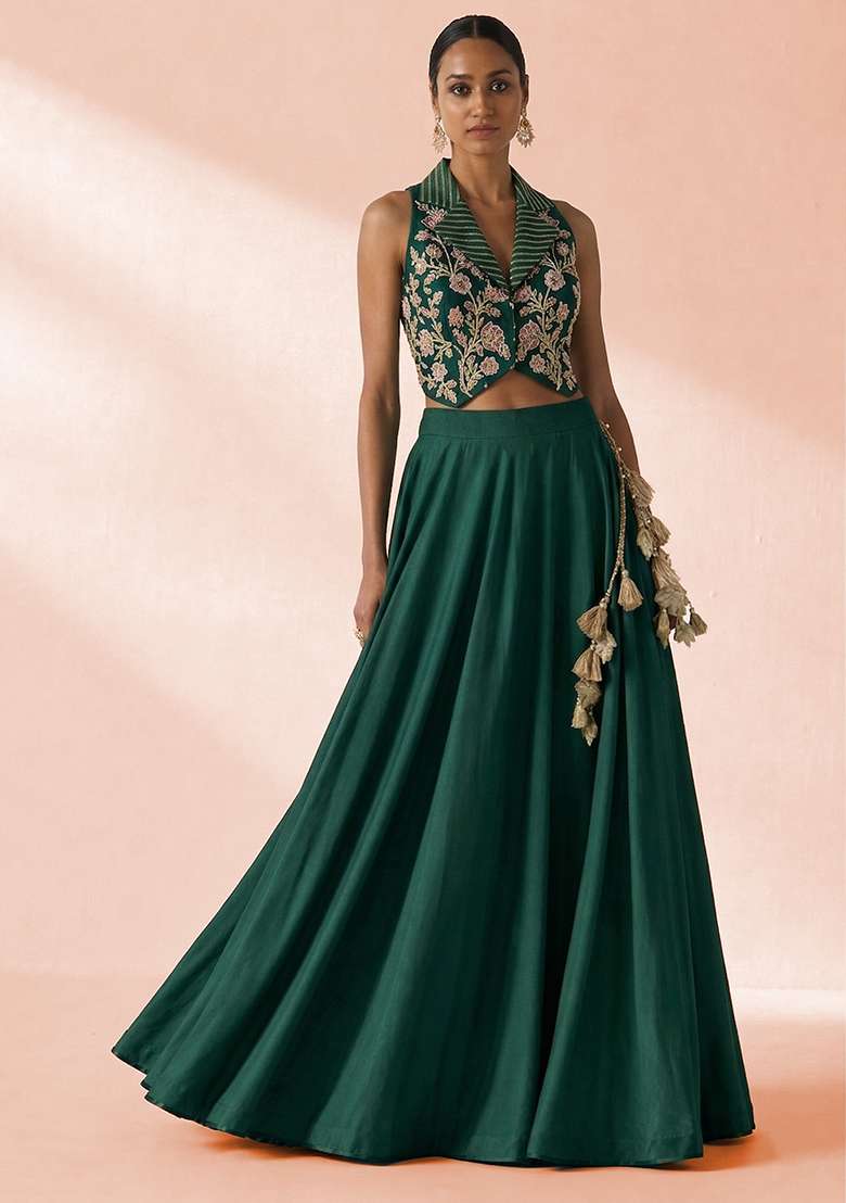 Dark Green Crepe Embroidered Handwork Lehenga Set - Indya
