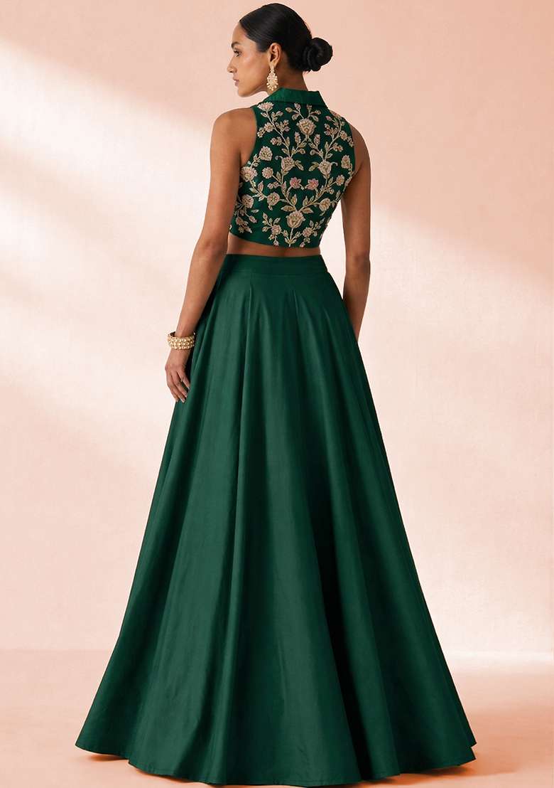 Dark Green Crepe Embroidered Handwork Lehenga Set - Indya