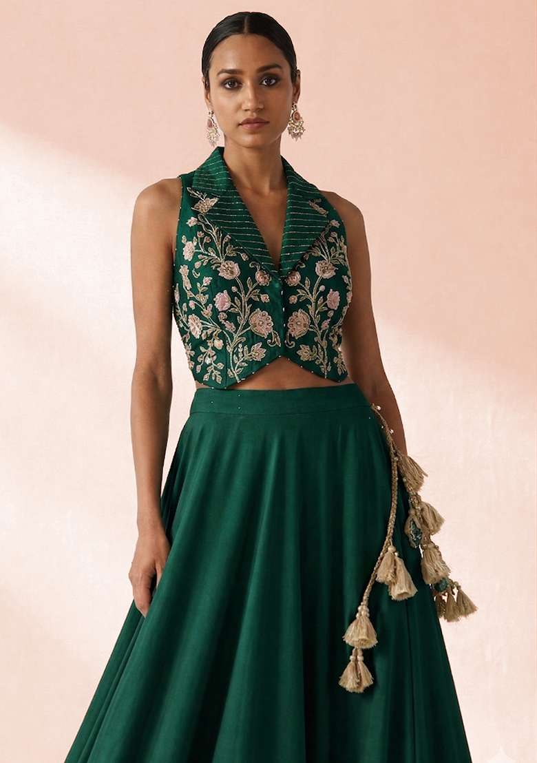 Dark Green Crepe Embroidered Handwork Lehenga Set - Indya