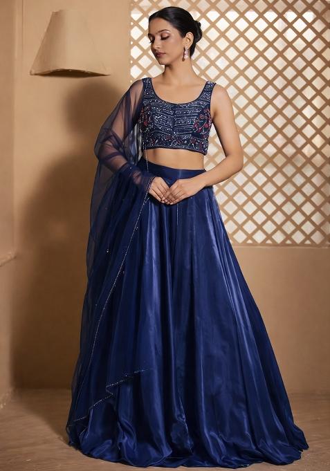 Navy Blue Crepe Embroidered Handwork Lehenga Set