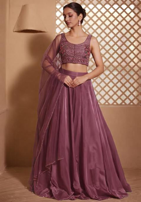 Mauve Crepe Embroidered Handwork Lehenga Set