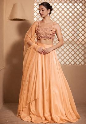 Nude Peach Crepe Embroidered Handwork Lehenga Set