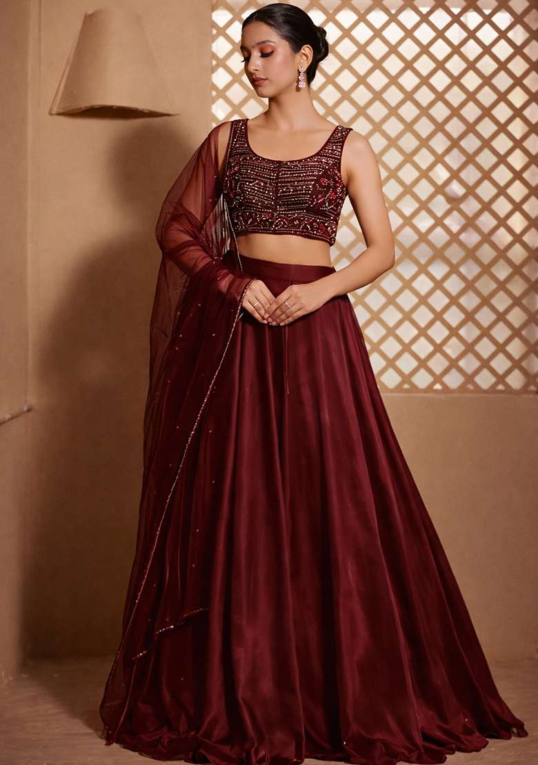 Burgundy Crepe Embroidered Handwork Lehenga Set - Indya