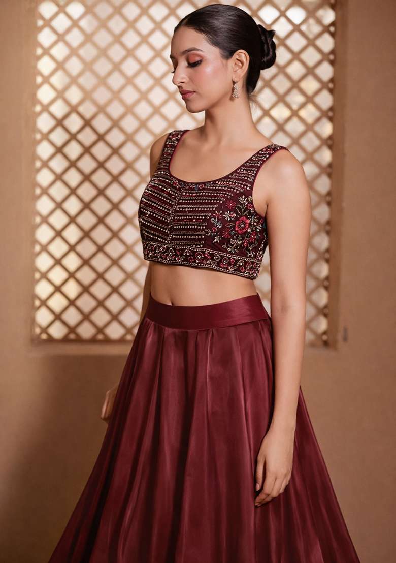 Burgundy Crepe Embroidered Handwork Lehenga Set - Indya