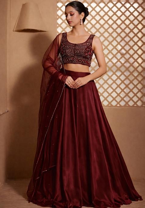 Burgundy Crepe Embroidered Handwork Lehenga Set