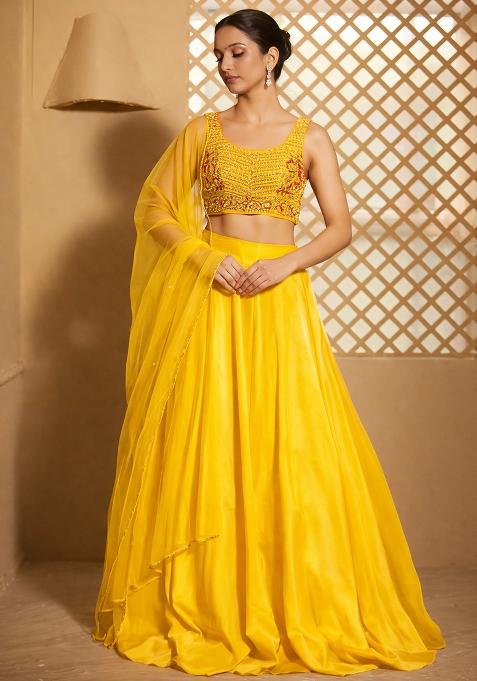 Sun Yellow Crepe Embroidered Handwork Lehenga Set