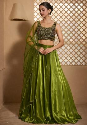 Muted Green Crepe Embroidered Handwork Lehenga Set