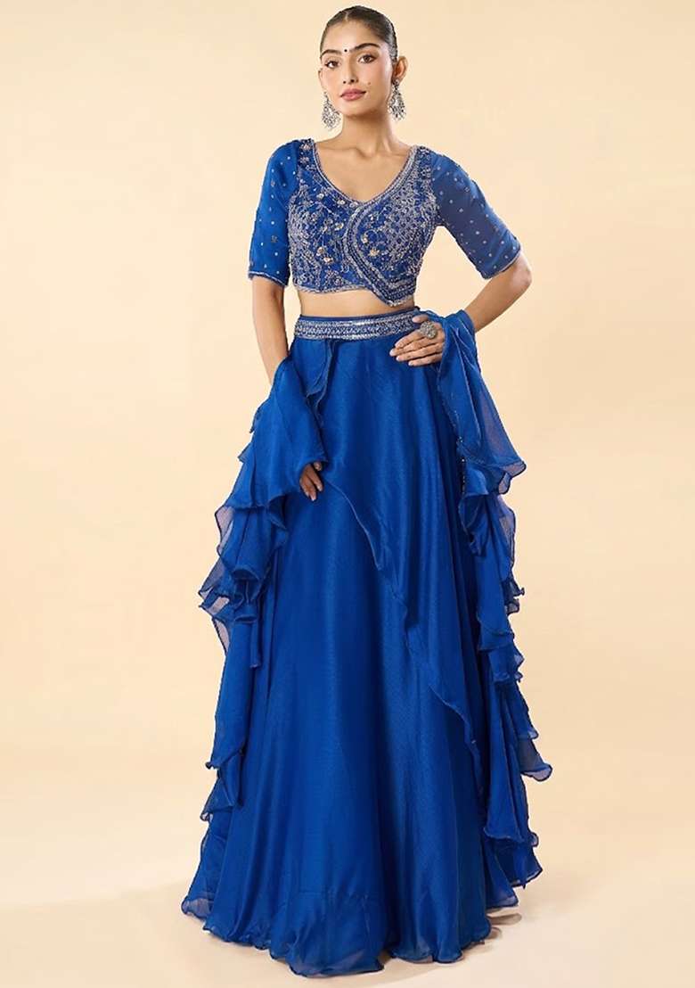 Royal Blue Chinon Embroidered Handwork Lehenga Set - Indya