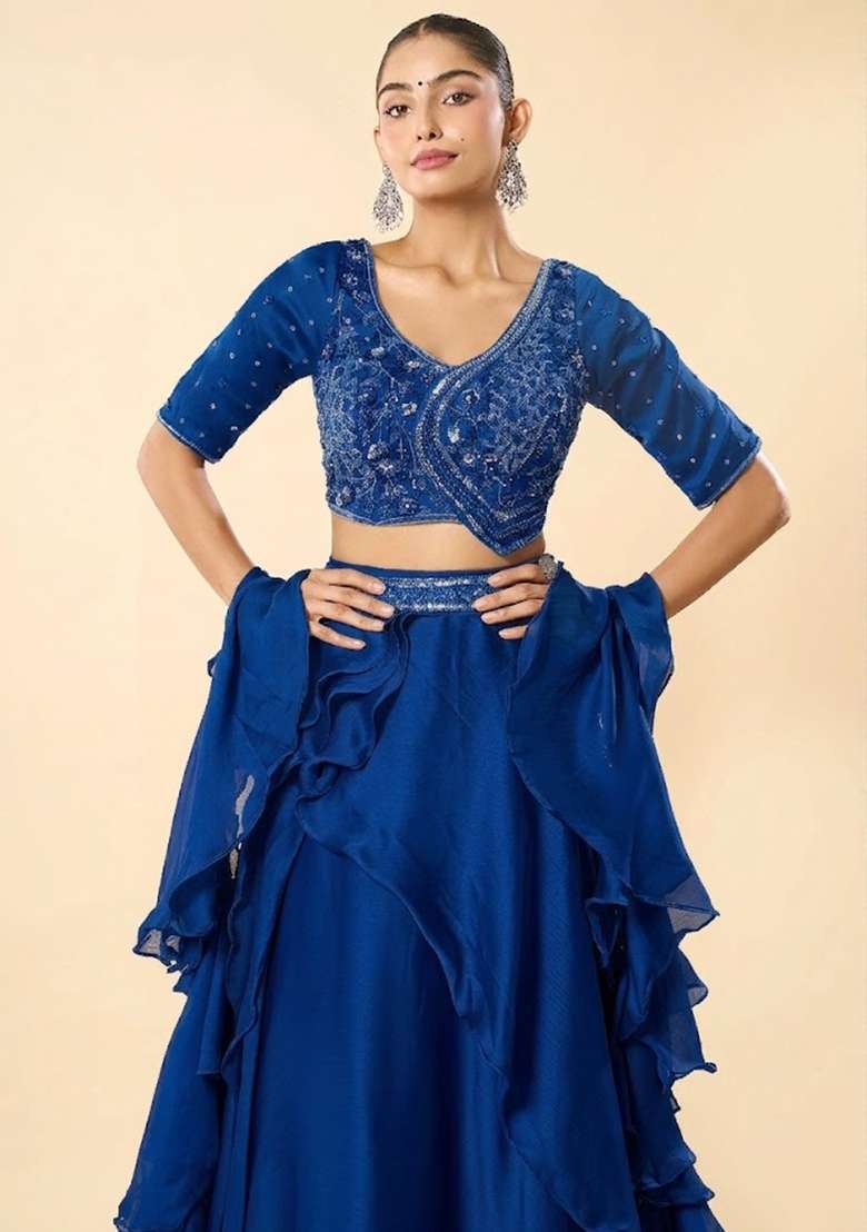 Royal Blue Chinon Embroidered Handwork Lehenga Set - Indya