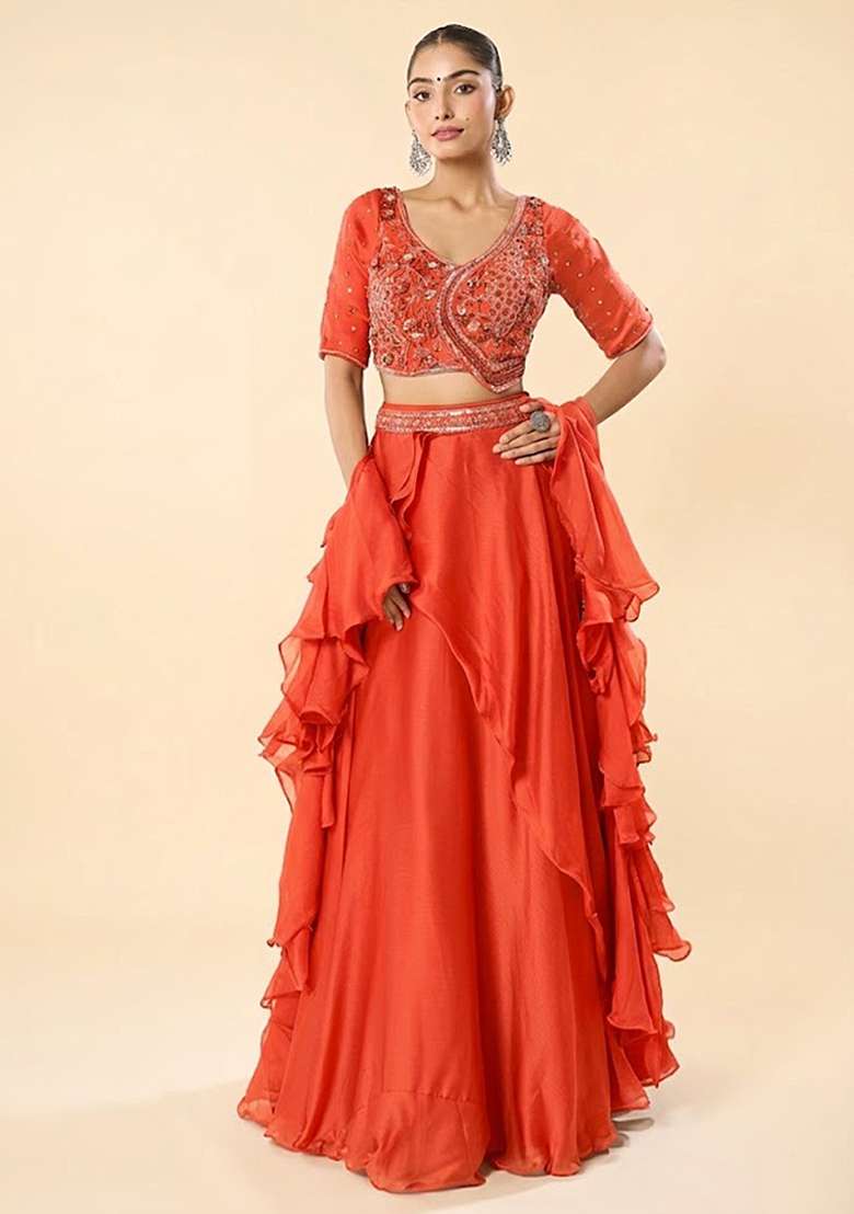 Orange Chinon Embroidered Handwork Lehenga Set - Indya
