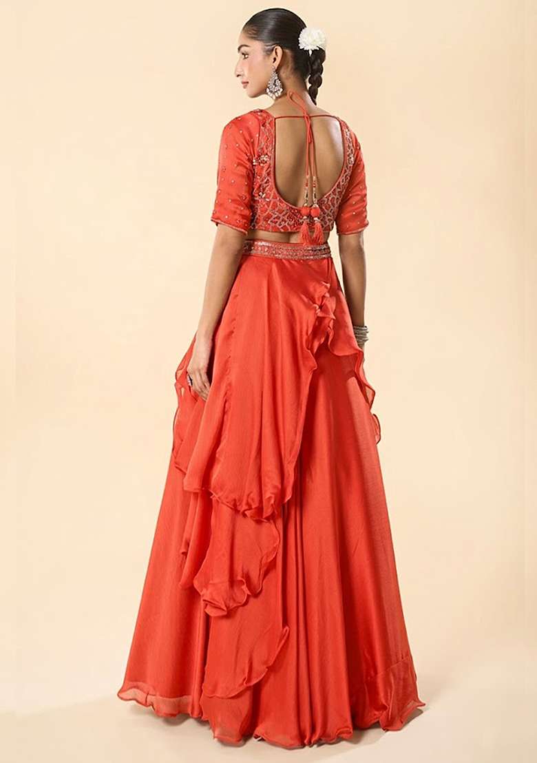 Orange Chinon Embroidered Handwork Lehenga Set - Indya