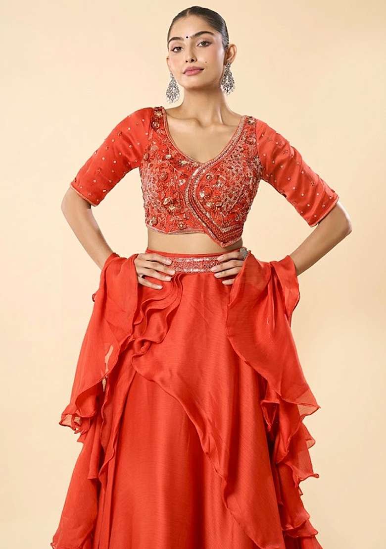 Orange Chinon Embroidered Handwork Lehenga Set - Indya