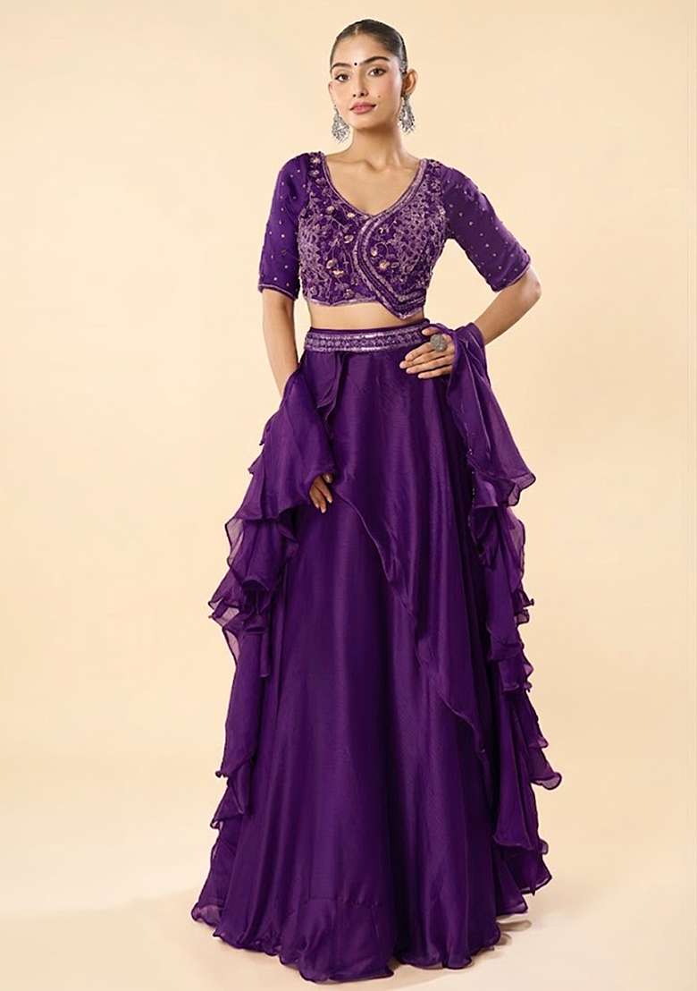 Purple Chinon Embroidered Handwork Lehenga Set - Indya
