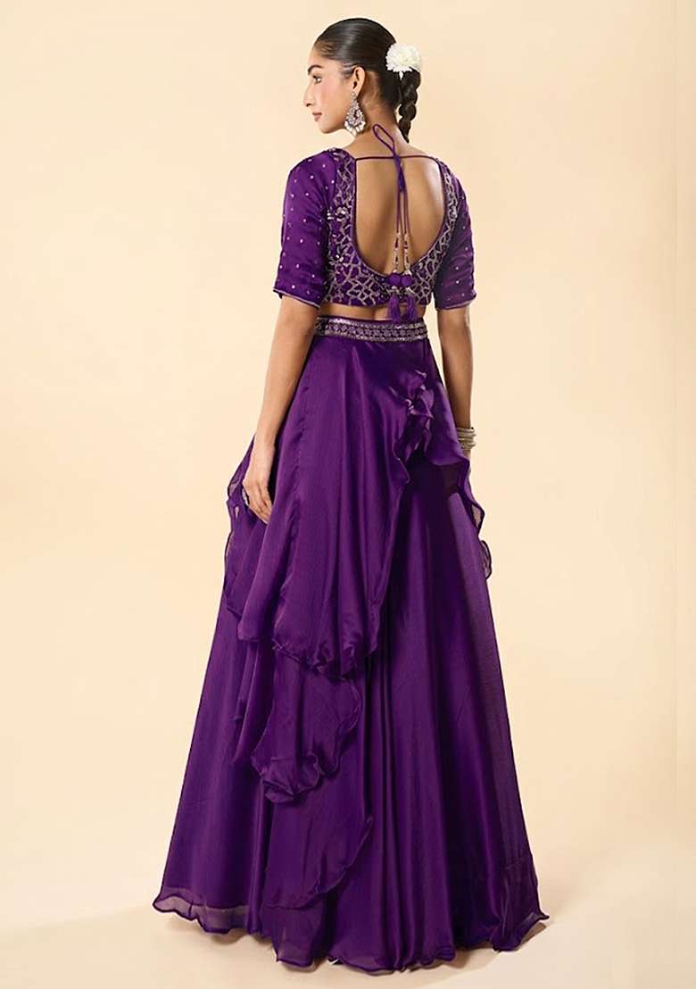 Purple Chinon Embroidered Handwork Lehenga Set - Indya