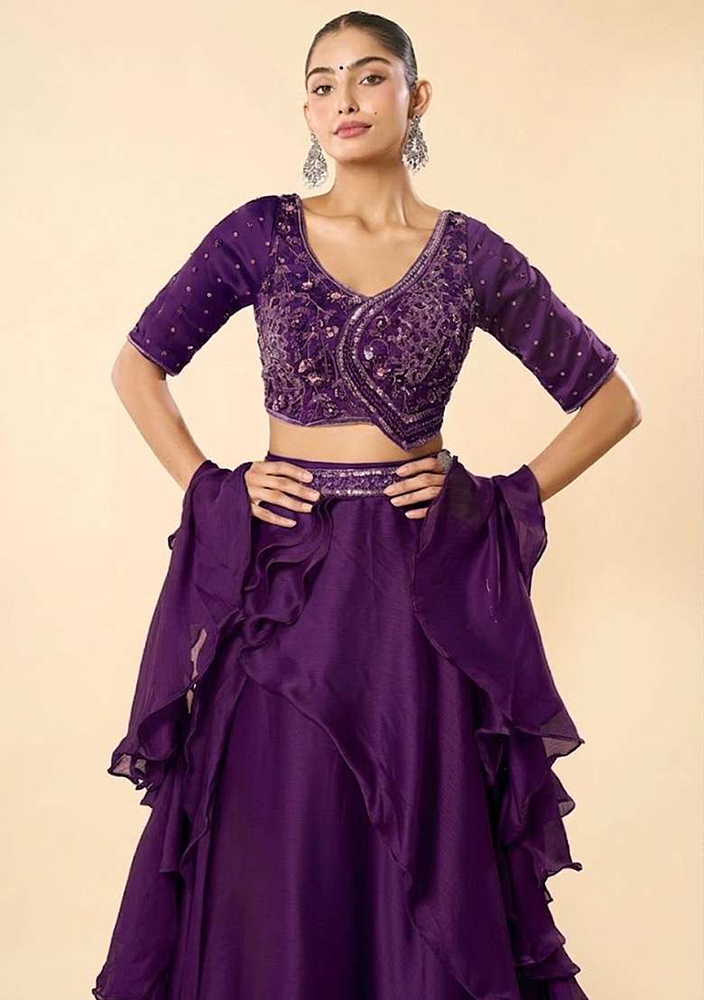 Purple Chinon Embroidered Handwork Lehenga Set - Indya