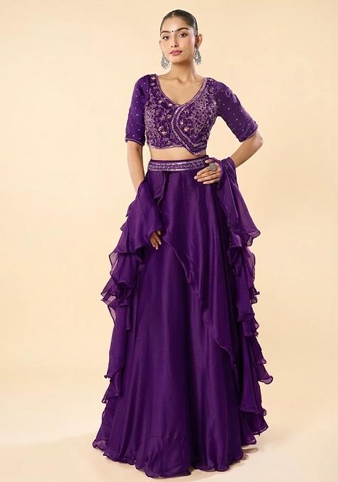 Purple Chinon Embroidered Handwork Lehenga Set