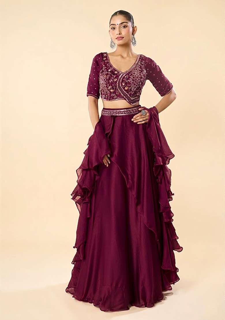 Wine Chinon Embroidered Handwork Lehenga Set - Indya