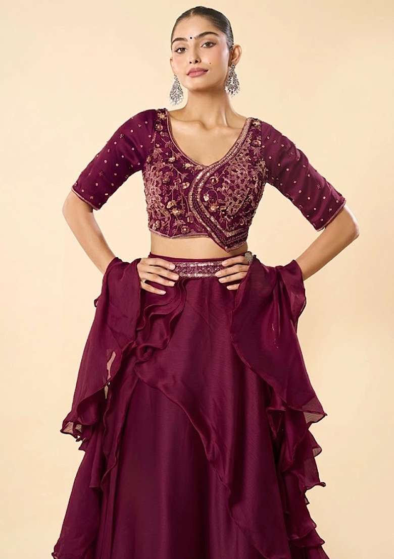 Wine Chinon Embroidered Handwork Lehenga Set - Indya