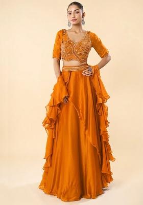 Yellow Chinon Embroidered Handwork Lehenga Set