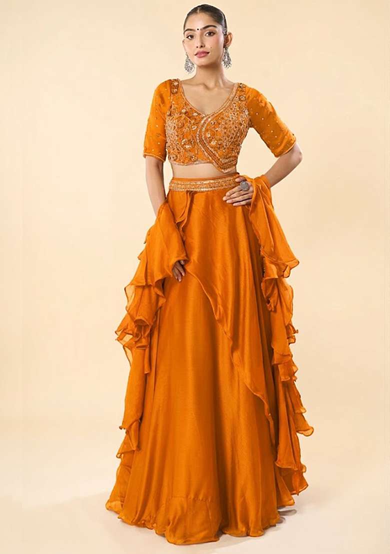 Yellow Chinon Embroidered Handwork Lehenga Set - Indya