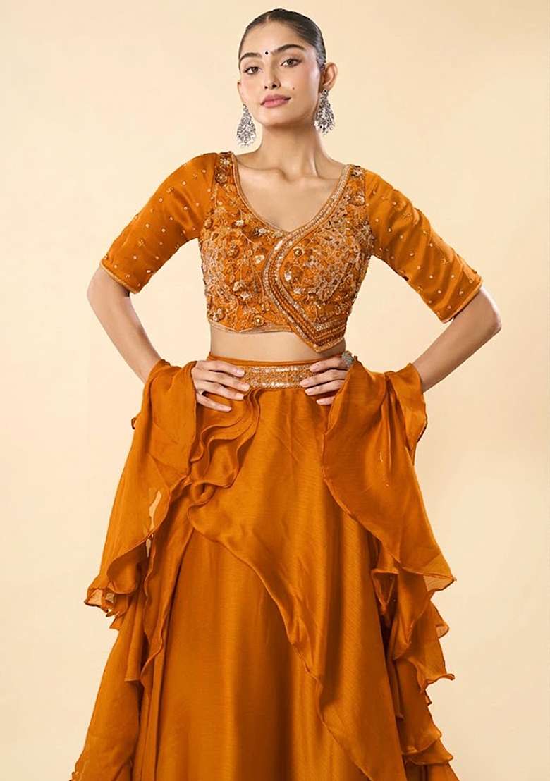 Yellow Chinon Embroidered Handwork Lehenga Set - Indya