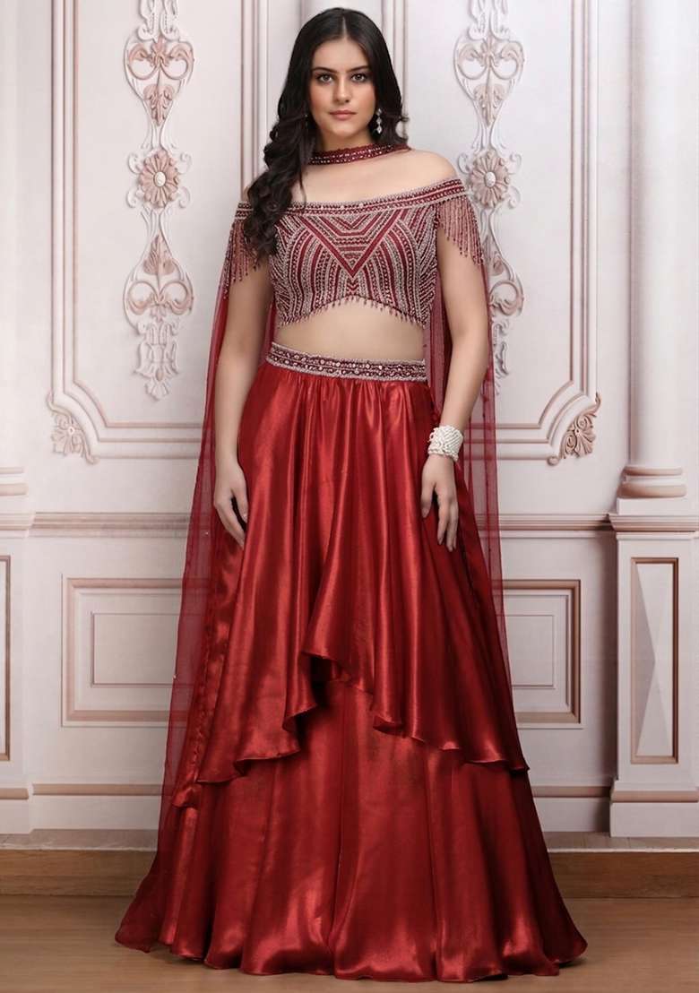 Red Satin Embellished Handwork Lehenga Set - Indya