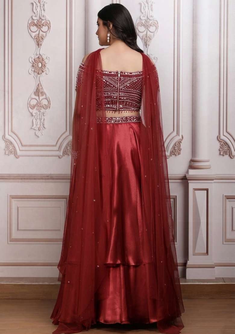 Red Satin Embellished Handwork Lehenga Set - Indya