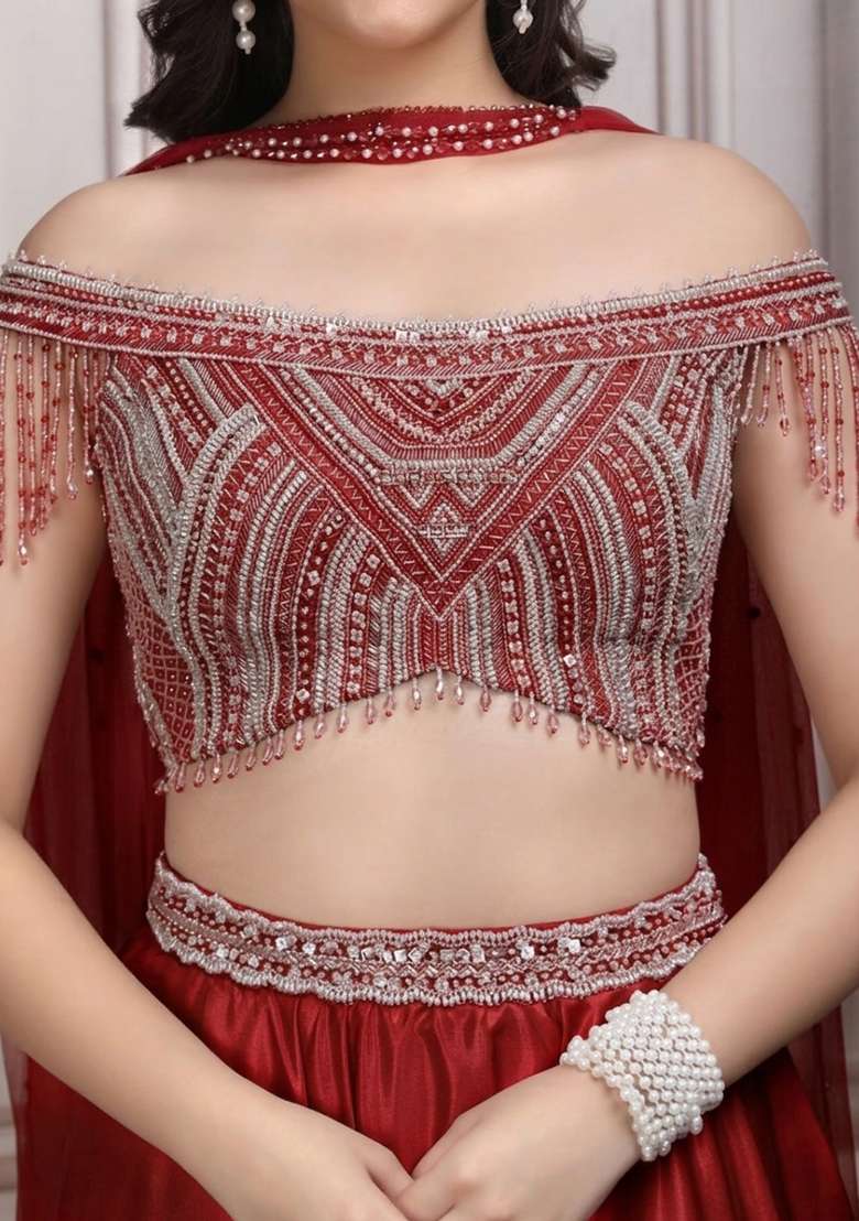 Red Satin Embellished Handwork Lehenga Set - Indya