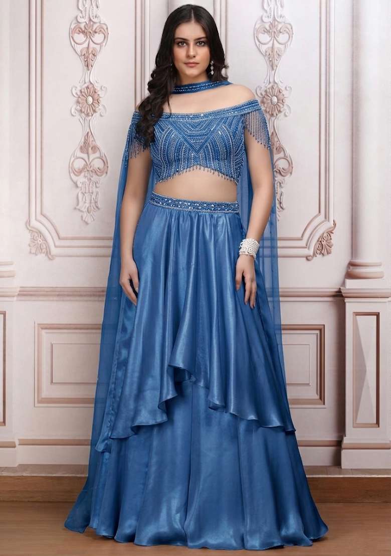 Violet Satin Embellished Handwork Lehenga Set - Indya