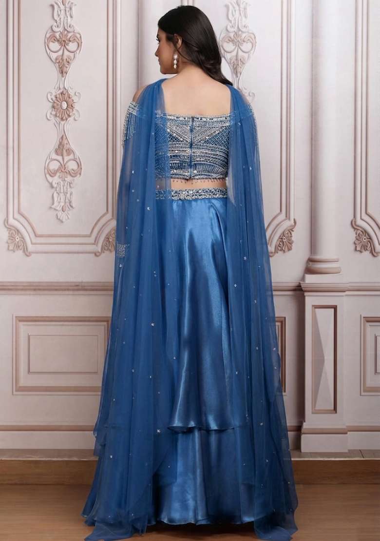 Violet Satin Embellished Handwork Lehenga Set - Indya