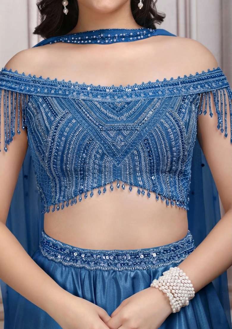 Violet Satin Embellished Handwork Lehenga Set - Indya