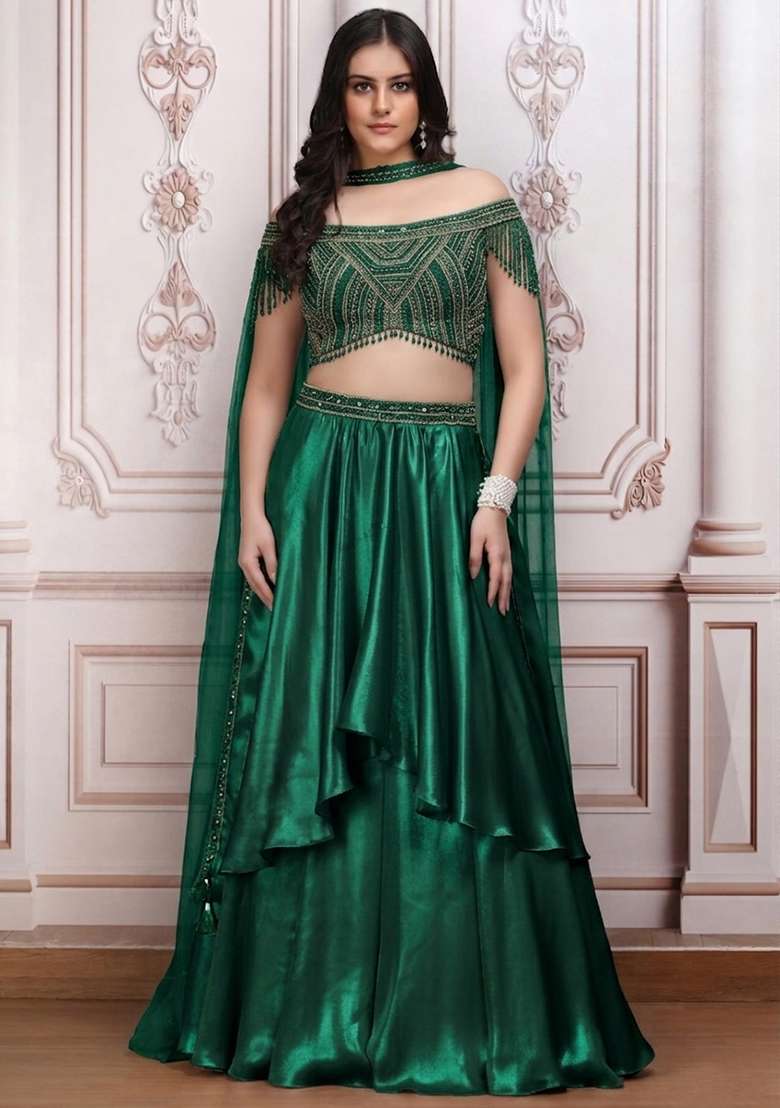 Moss Green Satin Embellished Handwork Lehenga Set - Indya
