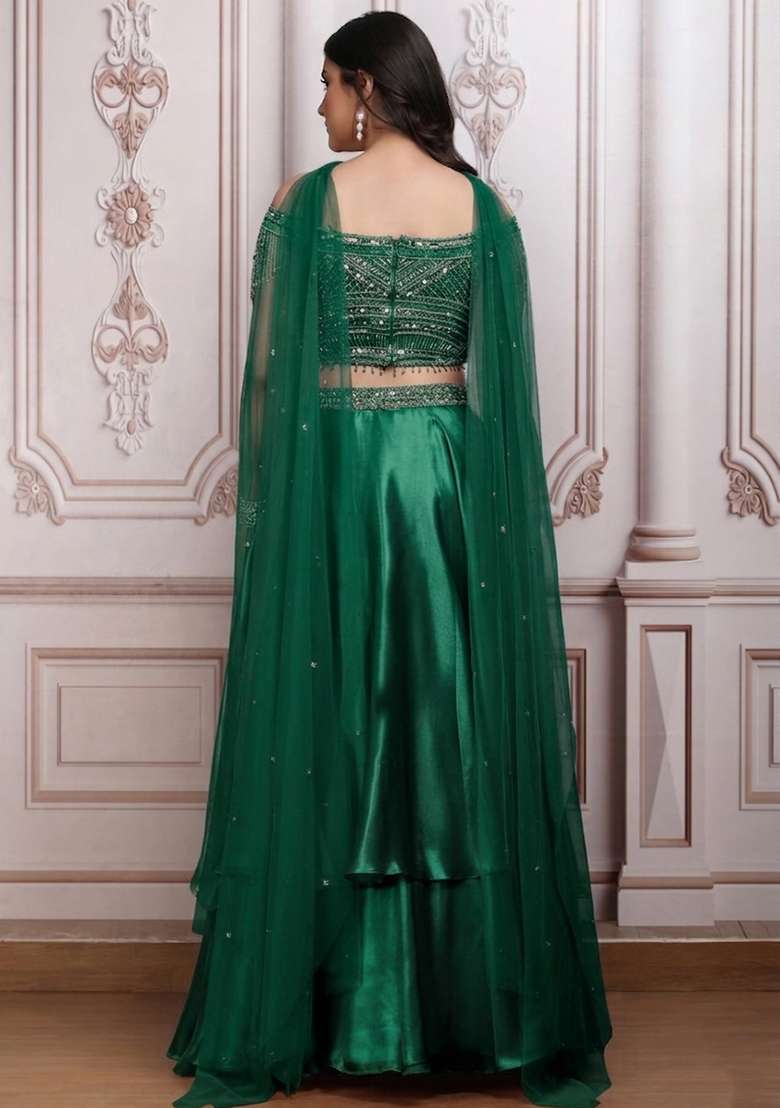 Moss Green Satin Embellished Handwork Lehenga Set - Indya