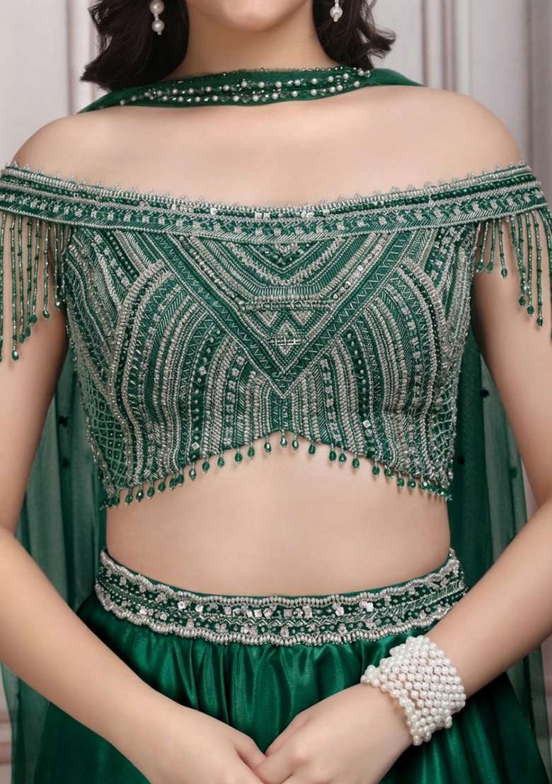 Moss Green Satin Embellished Handwork Lehenga Set - Indya