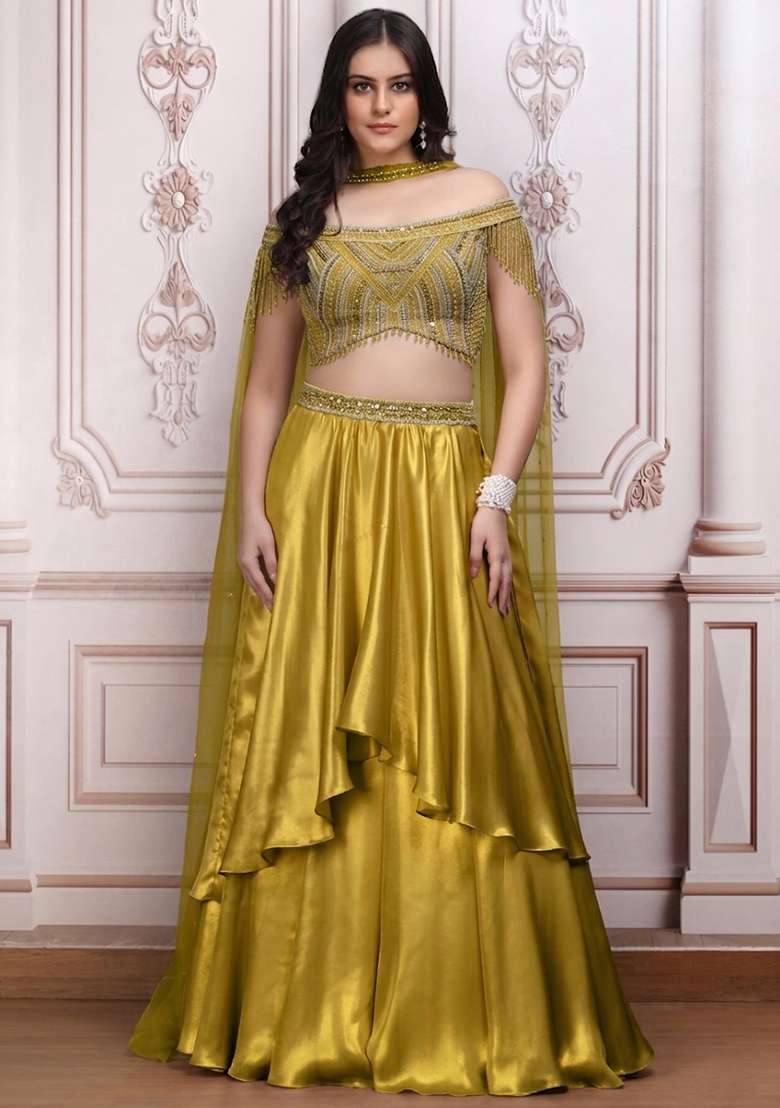 Mint Green Satin Embellished Handwork Lehenga Set - Indya