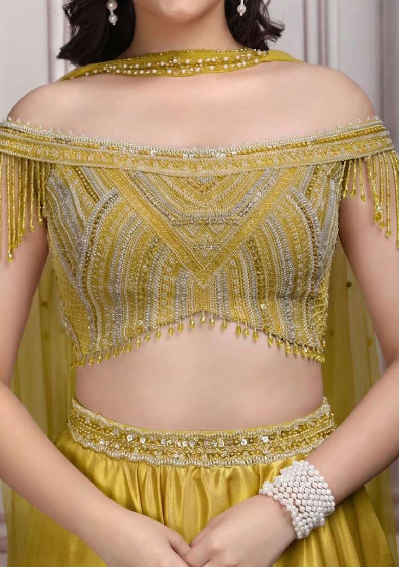 Mint Green Satin Embellished Handwork Lehenga Set - Indya