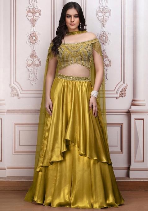 Mint Green Satin Embellished Handwork Lehenga Set