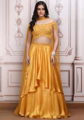 Golden Yellow Satin Embellished Handwork Lehenga Set