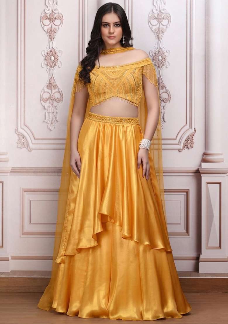 Golden Yellow Satin Embellished Handwork Lehenga Set - Indya
