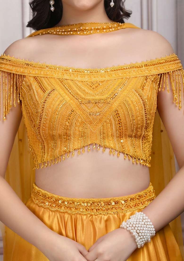 Golden Yellow Satin Embellished Handwork Lehenga Set - Indya