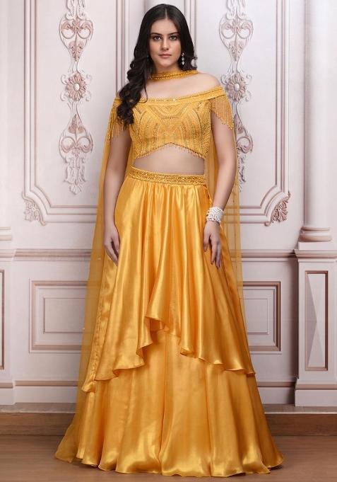 Golden Yellow Satin Embellished Handwork Lehenga Set