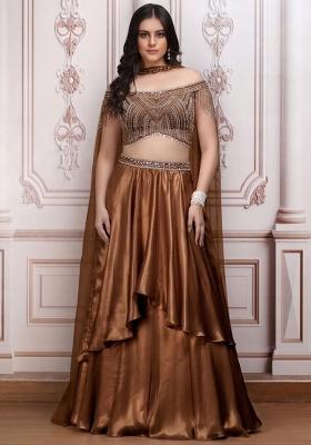 Toffee Brown Satin Embellished Handwork Lehenga Set