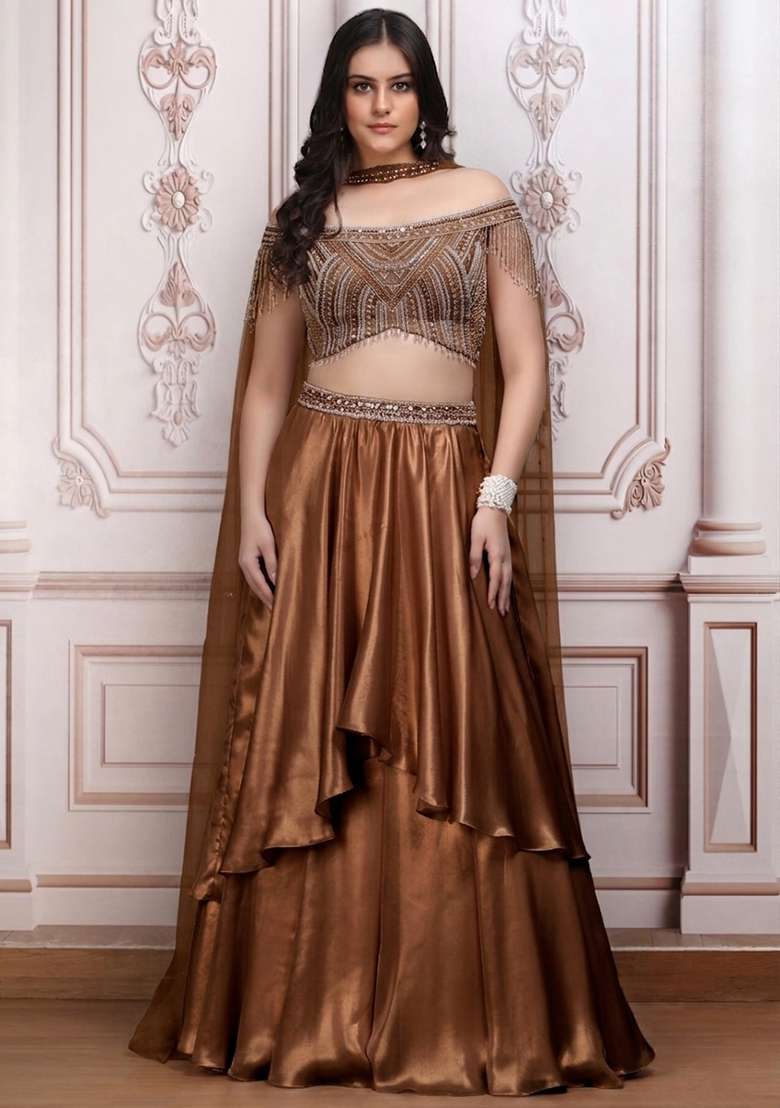 Toffee Brown Satin Embellished Handwork Lehenga Set - Indya