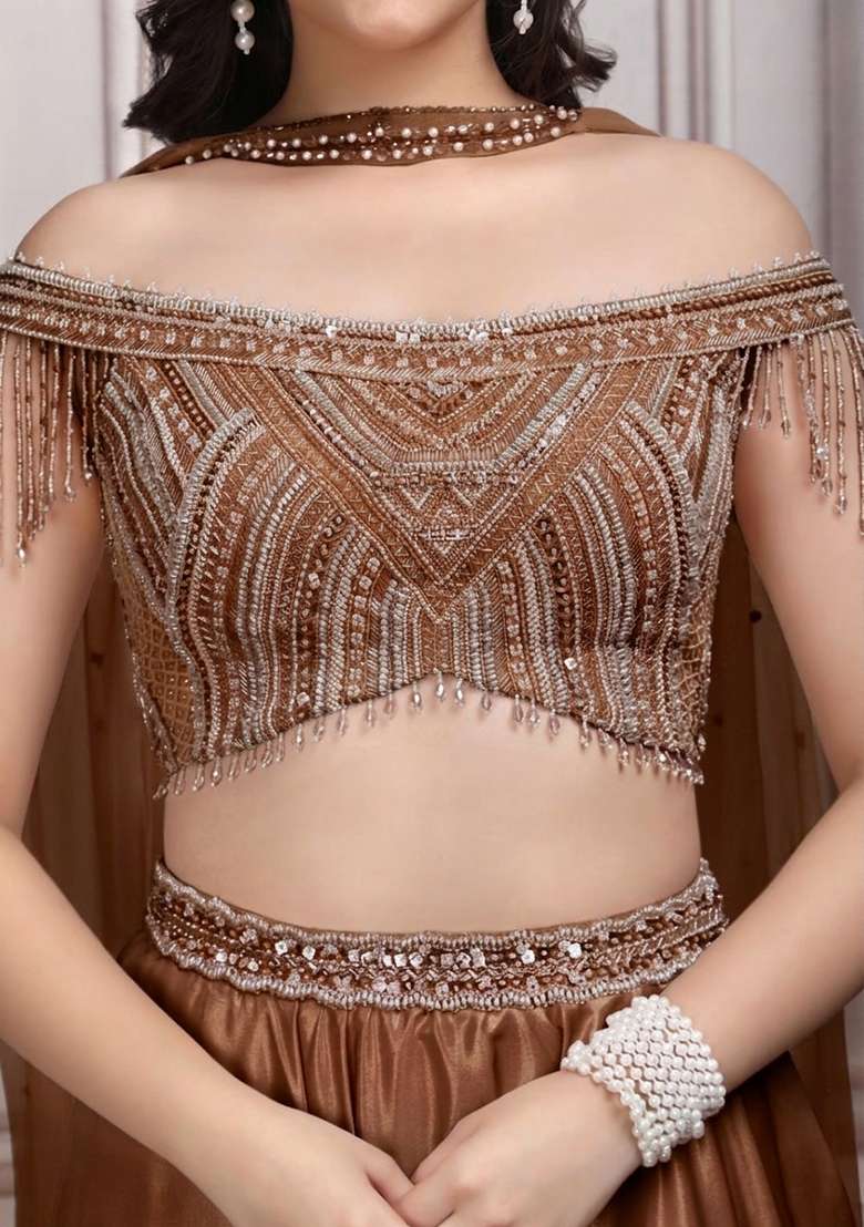 Toffee Brown Satin Embellished Handwork Lehenga Set - Indya