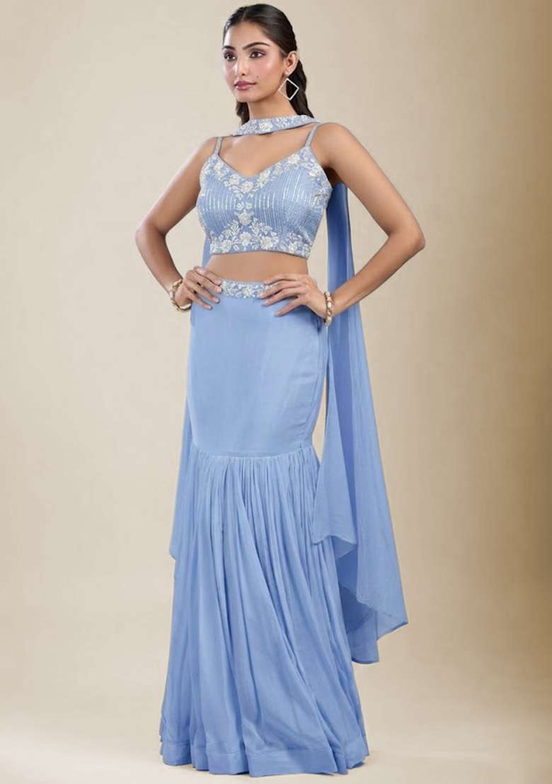 Ice Blue Chinon Embroidered Handwork Lehenga Set - Indya